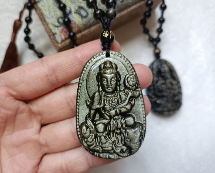 Natural Golden Obsidian Buddhist Guardian Amulet Necklace for Dragon ...