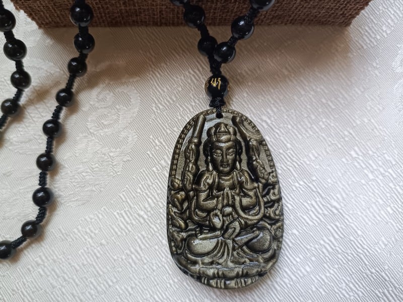Natural Golden Obsidian Avalokiteshvara, Buddhist Guardian Amulet ...