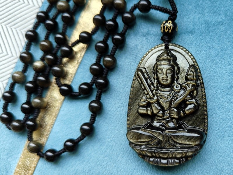 Natural Golden Obsidian Buddhist Guardian Amulet Necklace for Ox, Tiger