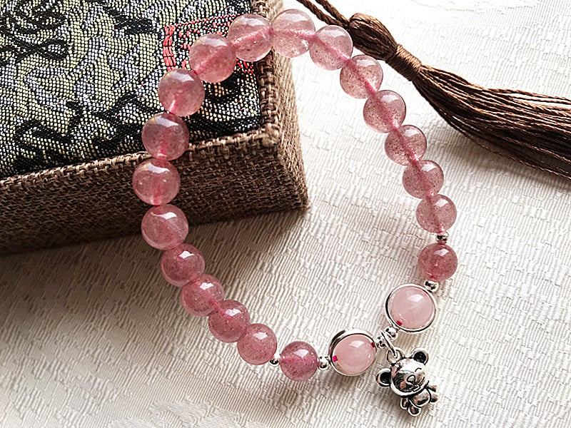 Natural Strawberry Quartz Crystal 925 Silver Chinese Zodiac Rat Charm  Bracelet for Love and Enhance Intuition