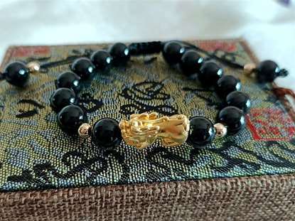 Picture of Black Agate 3D 999 Silver Pi Xiu Pi Yao Charm Bracelet to Bring Luck and Wealth