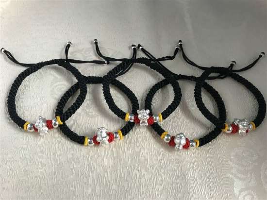 Picture of 999 Silver 12 Chinese Zodiac Signs Hand Woven Black Rope Charm Bracelet