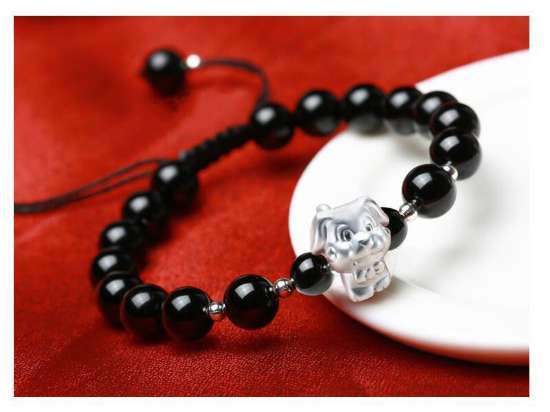 Picture of Black Agate 3D 999 Silver 12 Chinese Zodiac Signs Charm Bracelet