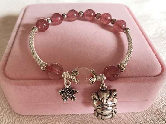 Picture of Natural Strawberry Quartz Crystal 925 Silver Chinese Zodiac Charms Bracelet for Love and Release Pressure