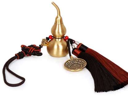 Picture of Brass Copper Gourd Hu Lu Pendant with Chinese Knots Lucky Charm Car Home Feng Shui Hanging Decoration